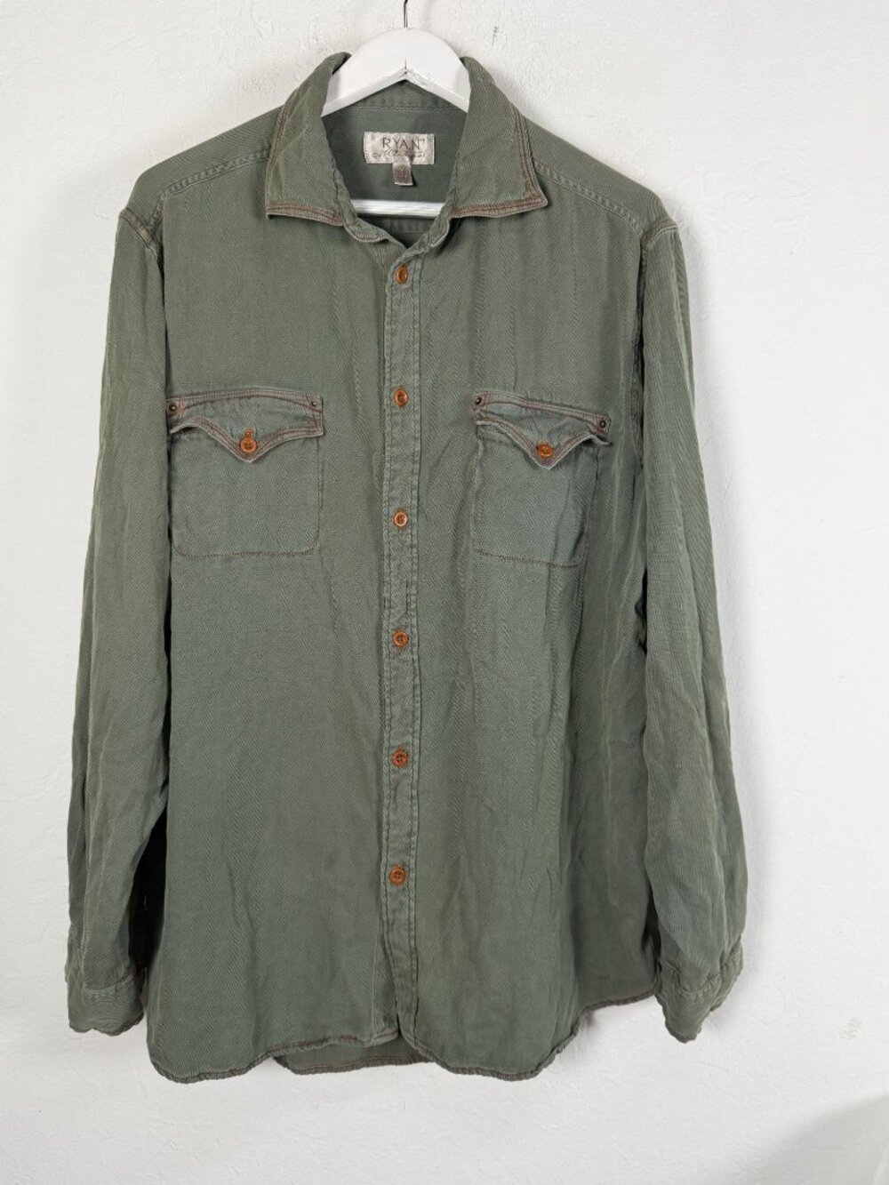 Ryan Michael Men's Silk Cotton Western Shirt Olive Green Size XXL Long Sleeve